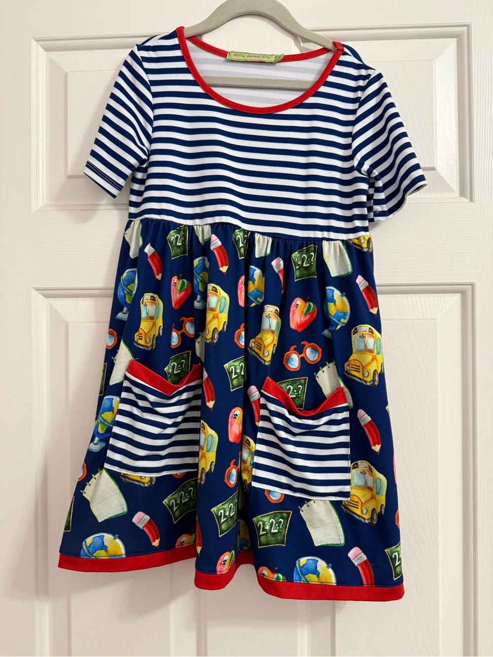 Girls Navy School-Print Striped Pocket Dress with Red Trim